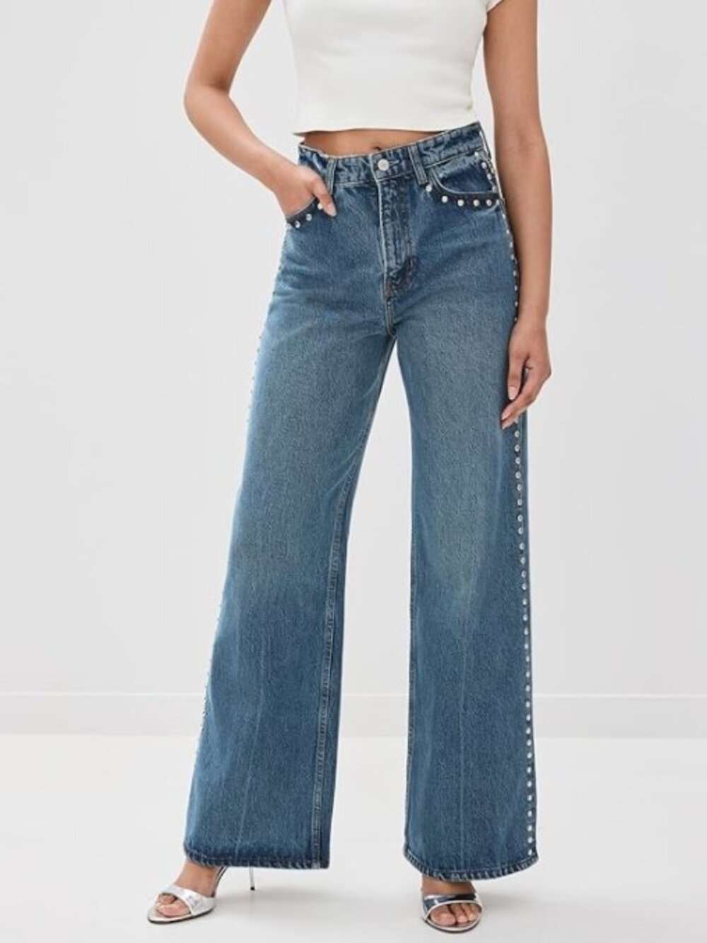 Reformation } Cary High Rise Studded Slouchy Wide Leg Jeans | Size 28